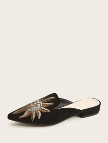 Point Toe Embroidered Flat Mules, Women's Black Half-Toe Flat Sandals with Embroidery Design, Suitable for All Kinds of Occasions.