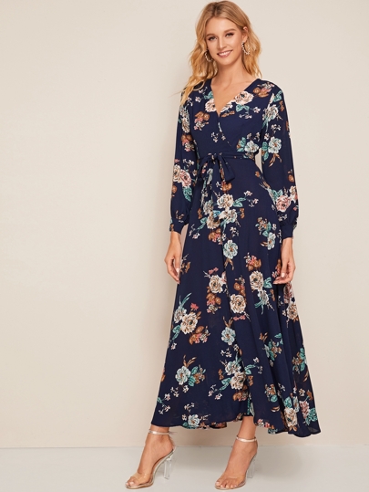 Ditsy Floral Print Surplice Belted Dress