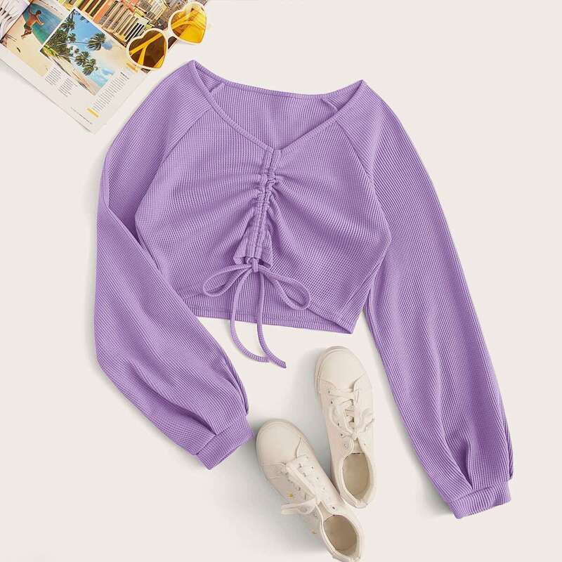 

Raglan Sleeve Drawstring Ruched Crop Top, Purple