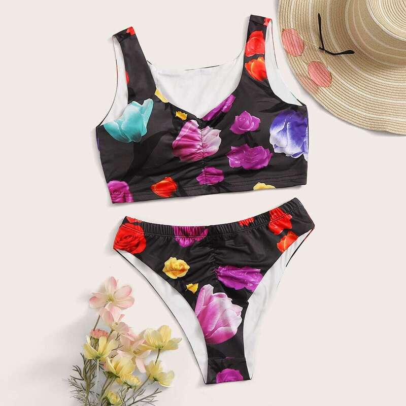 

Floral Ruched Top With Cheeky Bikini Set, Multicolor
