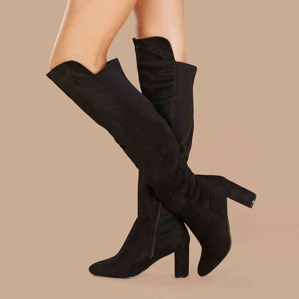 

Pointed Toe Chunk Heel Side Zip Tall Boots, Black