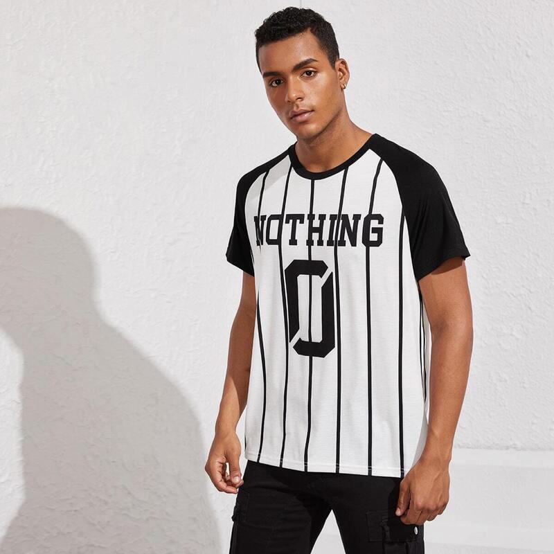 

Guys Letter & Striped Print Raglan Sleeve Tee, Black and white