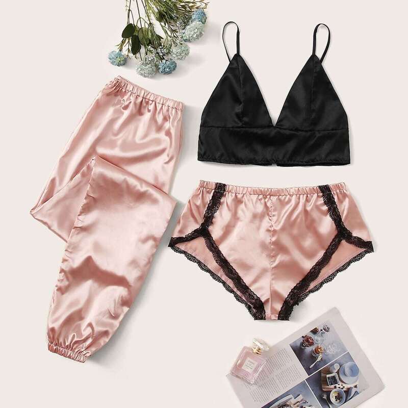 

Satin Bralette With Lace Trim Shorts & Pants, Multicolor