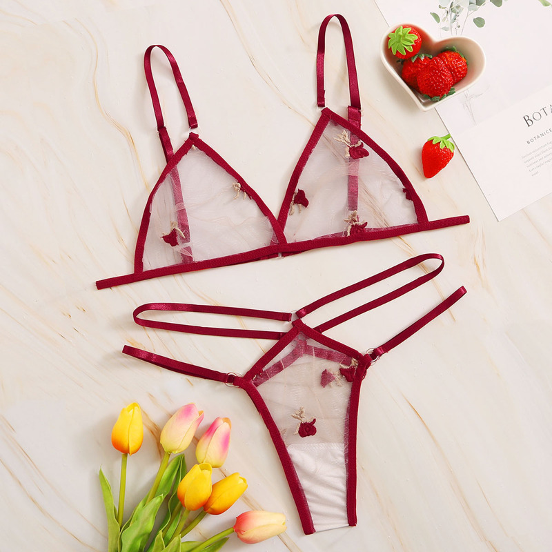 

Embroidered Mesh Cut-out Sheer Lingerie Set, Burgundy