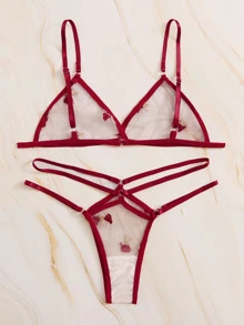 Embroidered Mesh Cut-out Sheer Lingerie Set - Burgundy - View 2