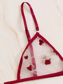 Embroidered Mesh Cut-out Sheer Lingerie Set - Burgundy - View 4