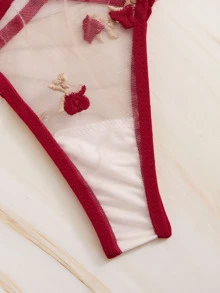 Embroidered Mesh Cut-out Sheer Lingerie Set - Burgundy - View 5