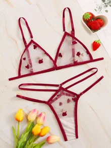 Embroidered Mesh Cut-out Sheer Lingerie Set - Burgundy - View 1