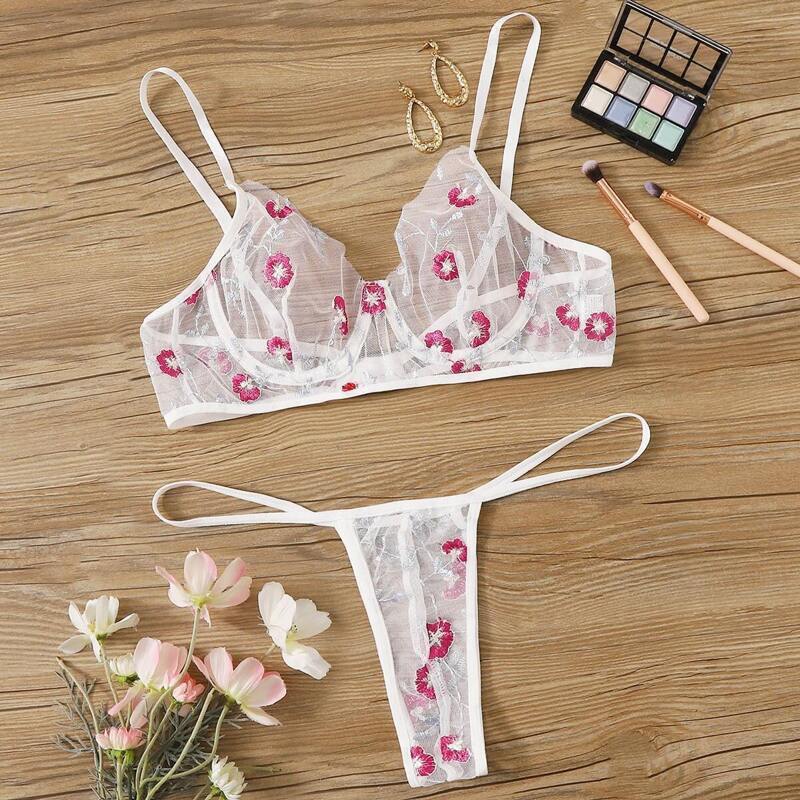 

Floral Embroidered Underwire Sheer Lingerie Set, White