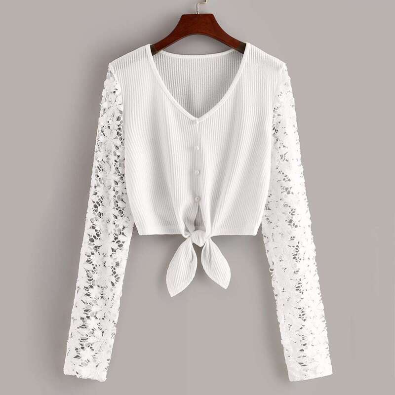 

Tie Front Button Detail Guipure Lace Sleeve Sweater, White