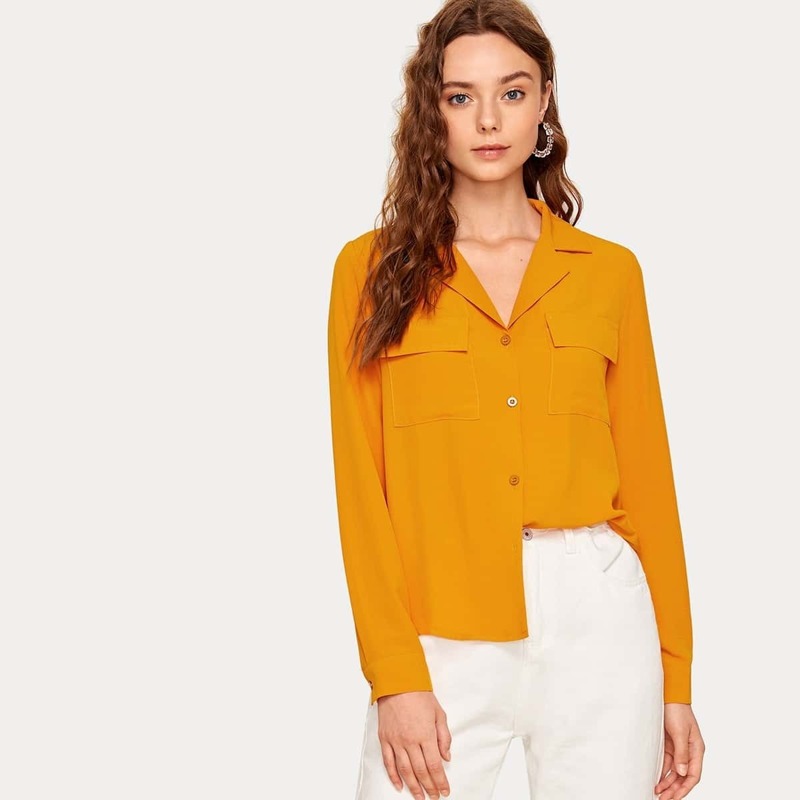 

Notched Neck Button Front Flap Pocket Blouse, Orange