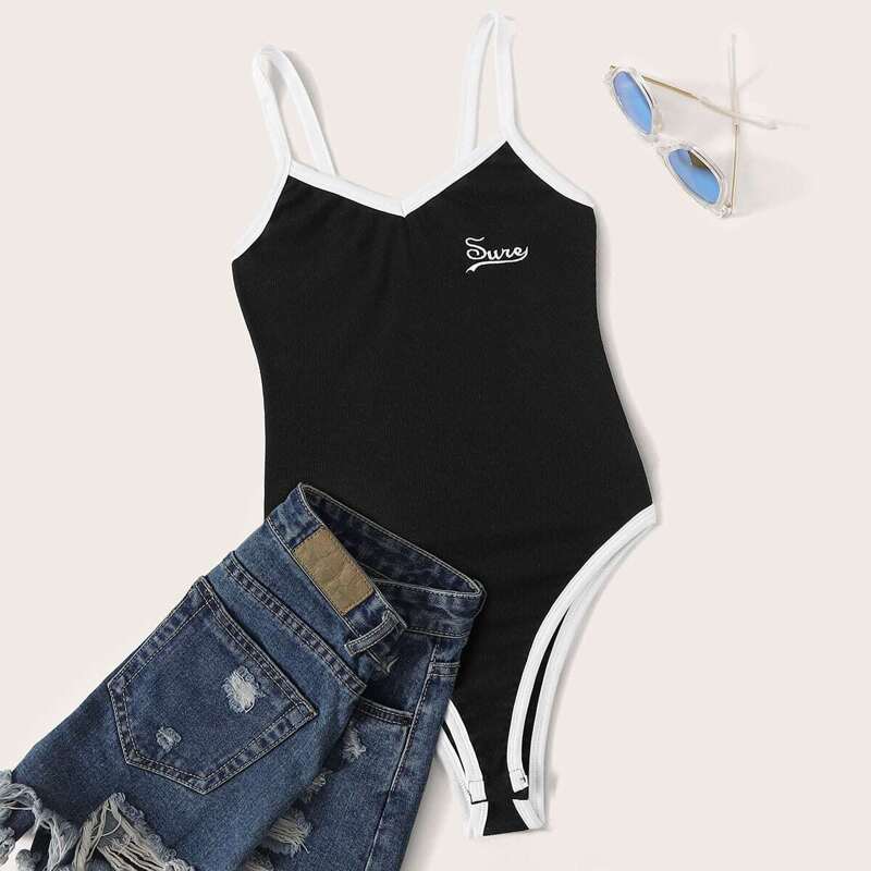 

Contrast Trim Letter Embroidered Cami Bodysuit, Black