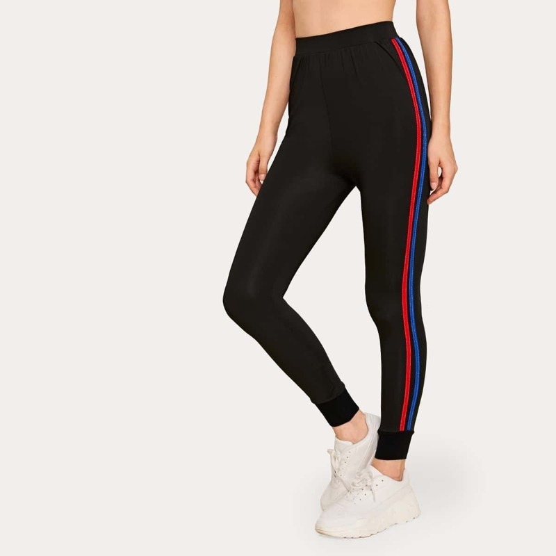

Side Stripe Elastic Waist Leggings, Black