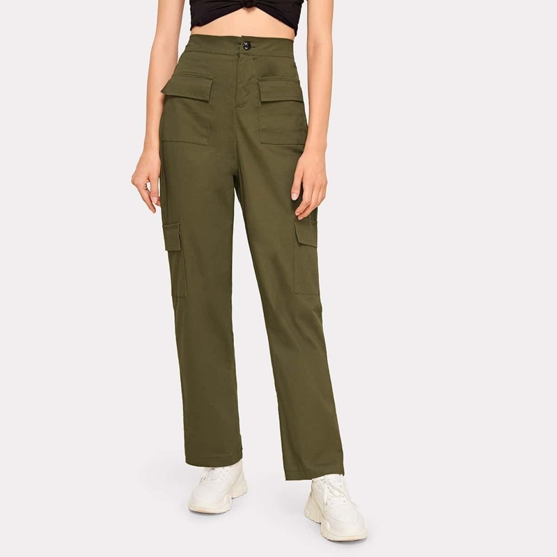 

Button Fly Flap Pocket Straight Pants, Army green