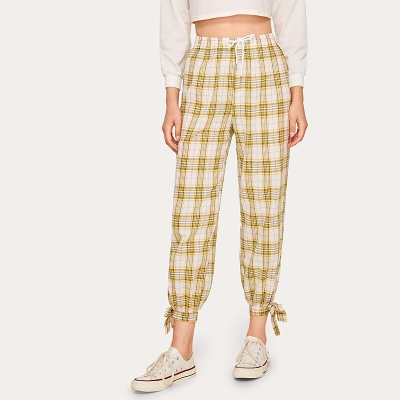 

Plaid Knot Hem Drawstring Waist Pants, Multicolor