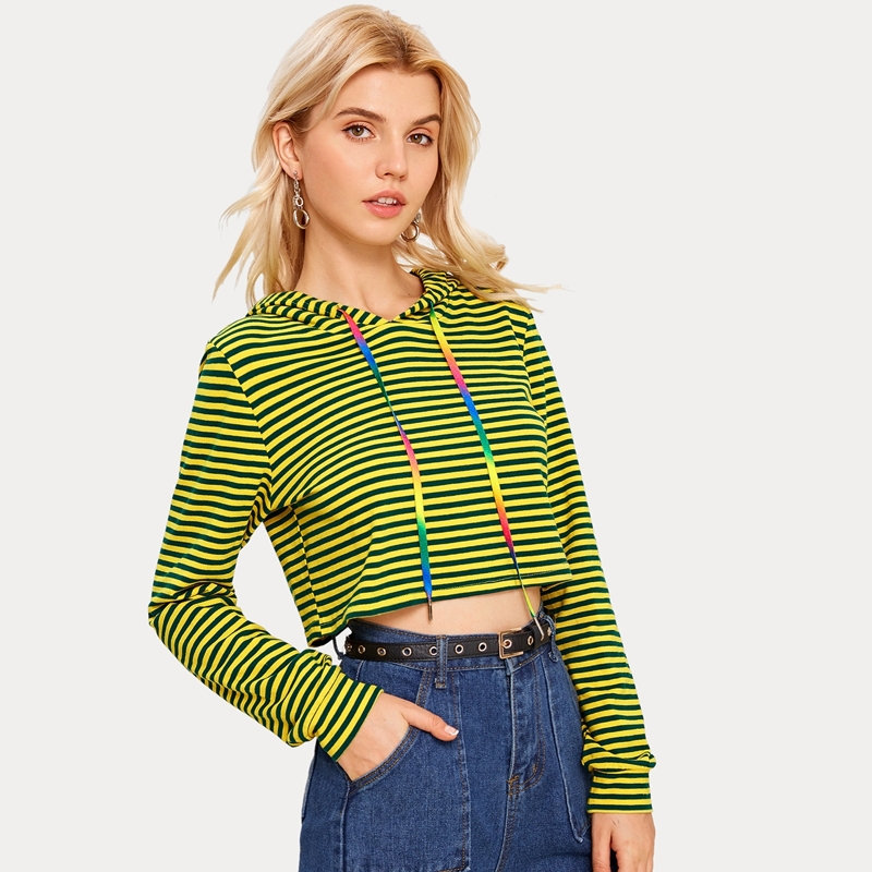 

Striped Colorful Drawstring Crop Hoodie, Multicolor
