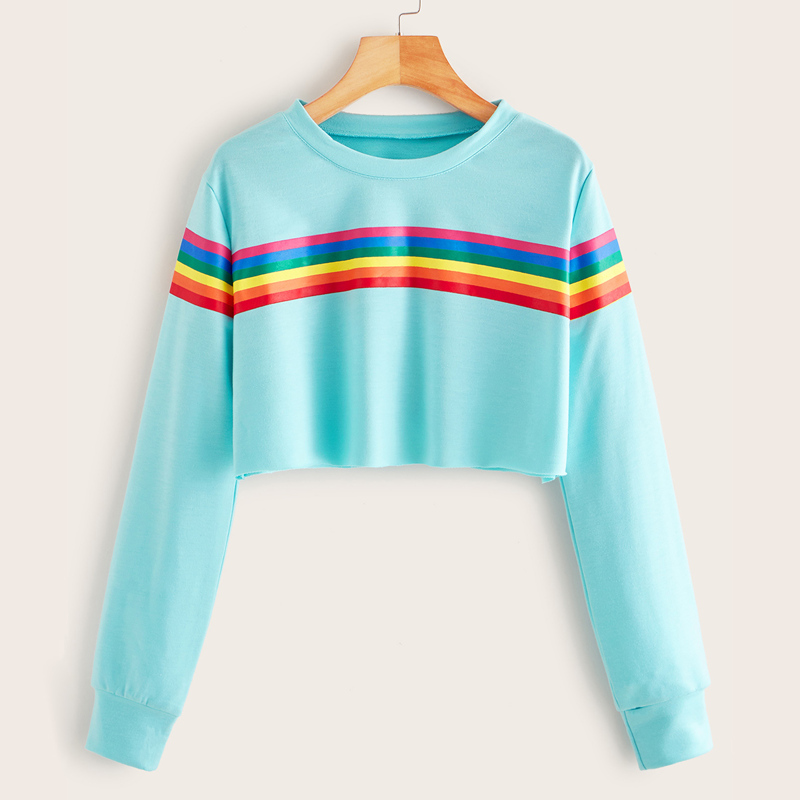 

Rainbow Striped Print Crop Sweatshirt, Blue