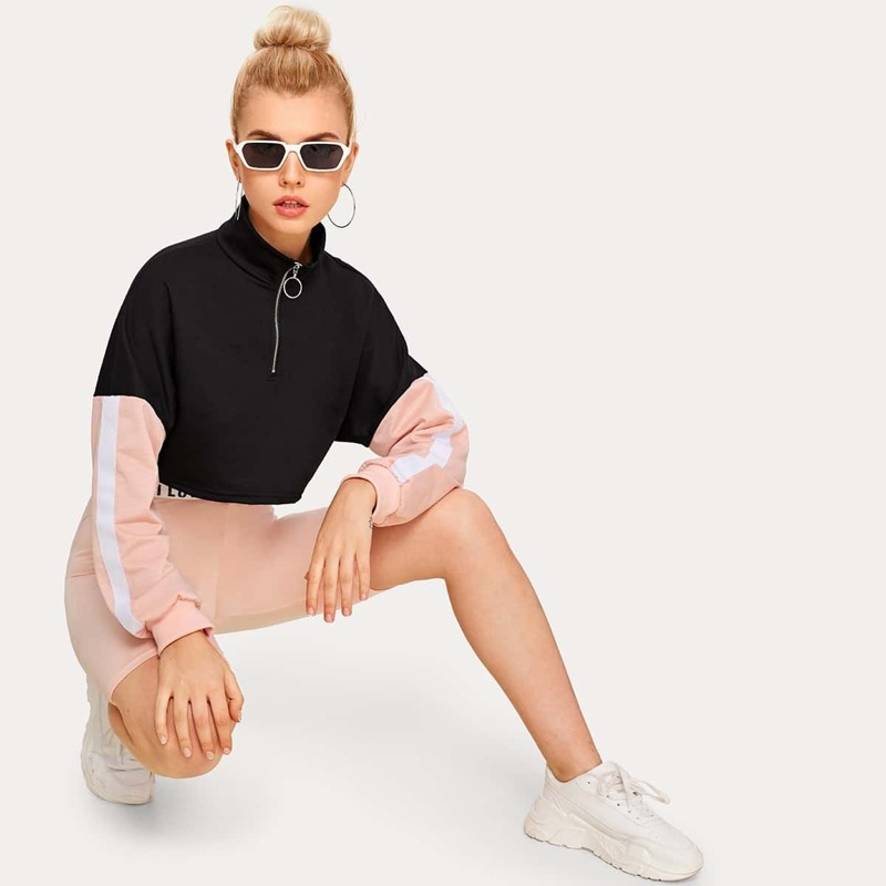 

Cut And Sew O-ring Half Zip Crop Sweatshirt, Black