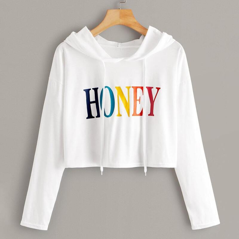 

Colorful Letter Print Drawstring Hooded Crop Tee, White