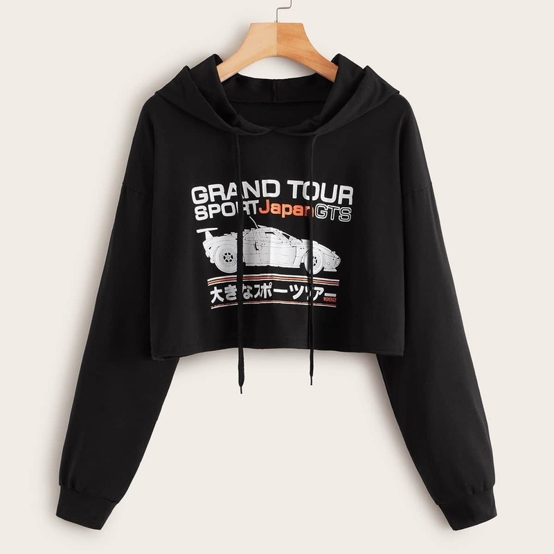 

Car & Letter Print Drawstring Hooded Crop Tee, Black