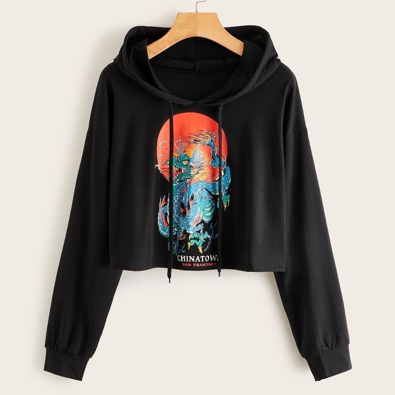 

Dragon & Letter Print Drawstring Hooded Crop Tee, Black