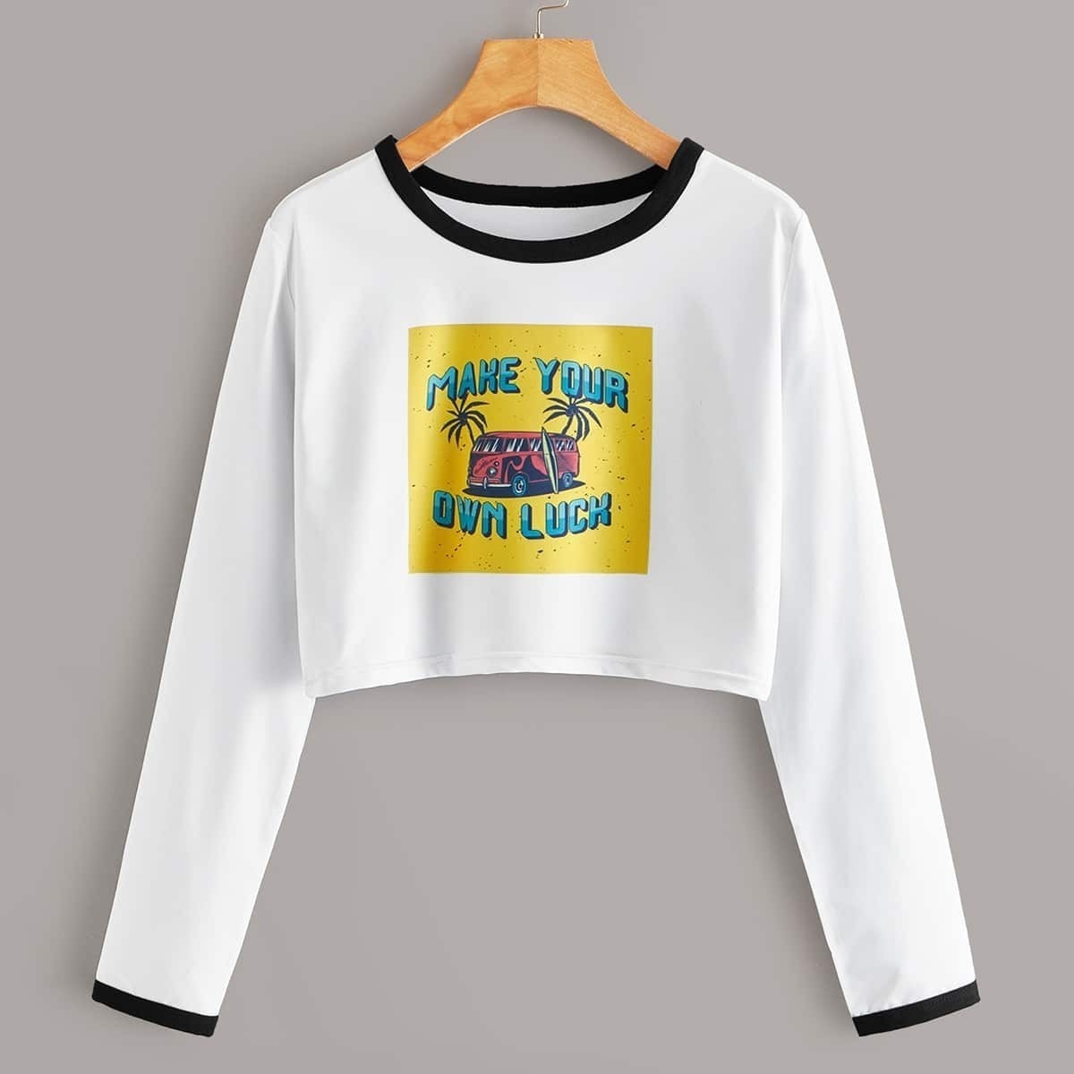 

Tropical & Letter Print Ringer Tee, White