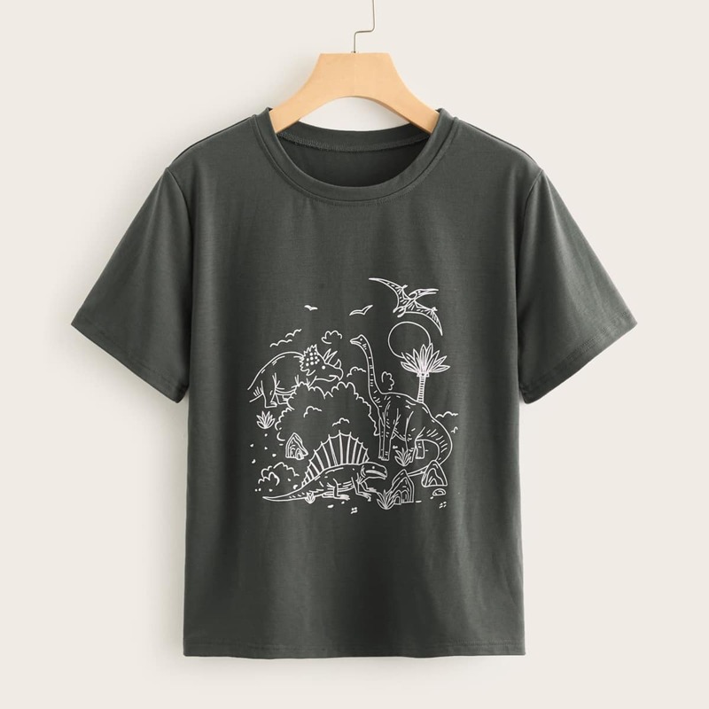

Dinosaur Print Round Neck Tee, Grey