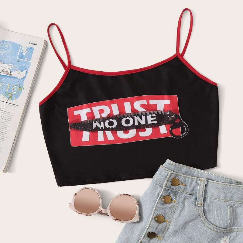 

Letter & Zipper Print Contrast Trim Crop Cami Top, Black