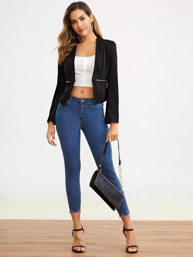 SHEIN Clasi Marynarka z rozcięciem na plecach i zamkiem błyskawicznym - Czarne - Zobacz 3