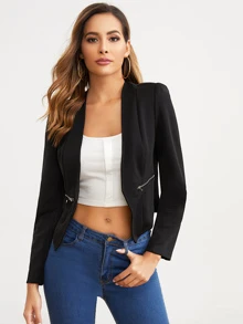 SHEIN Clasi Open Placket Zip Detail Blazer In Fall/Winter - Black - View 4