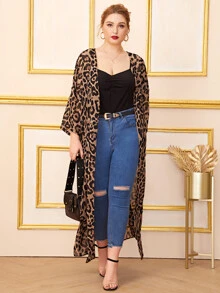 加大开叉侧豹纹和服，适合夏日海滩度假 - 彩色 - 查看 3