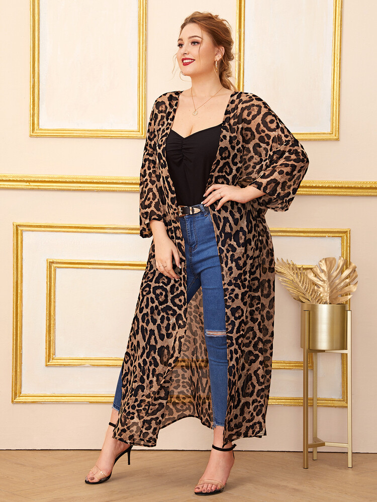 Plus Split Side Leopard Print Kimono, For Summer Beach Vacation - Multicolor - View 4