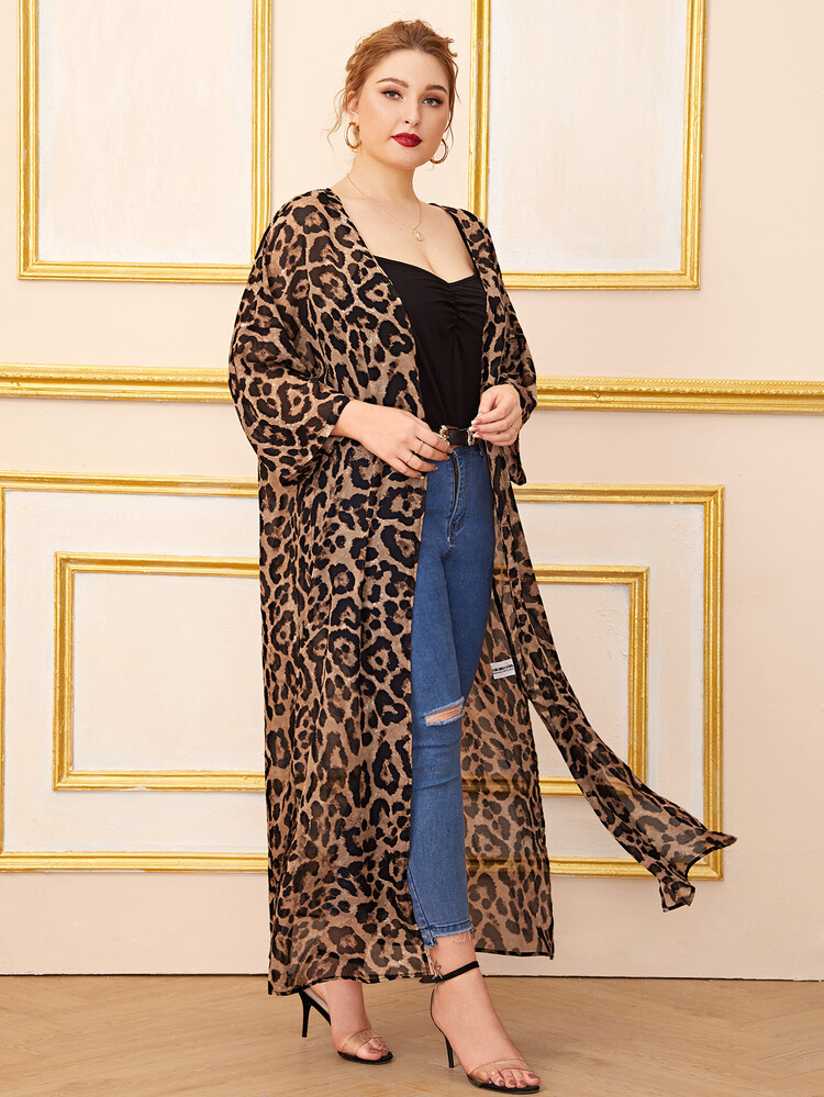 Plus Split Side Leopard Print Kimono, For Summer Beach Vacation - Multicolor - View 5