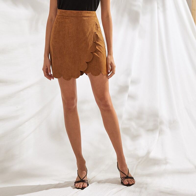 

Scallop Edge Wrap Suede Skirt, Brown