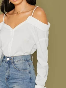 SHEIN 挖肩折邊上衣 - 白色 - 查看 4