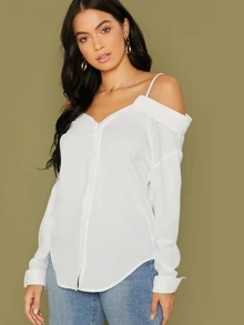 SHEIN 挖肩折邊上衣 - 白色 - 查看 3