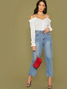 SHEIN 挖肩折邊上衣 - 白色 - 查看 5