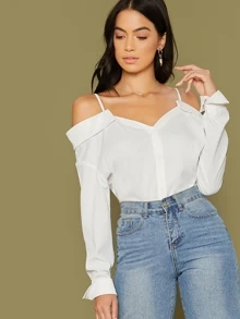 SHEIN 挖肩折邊上衣 - 白色 - 查看 1