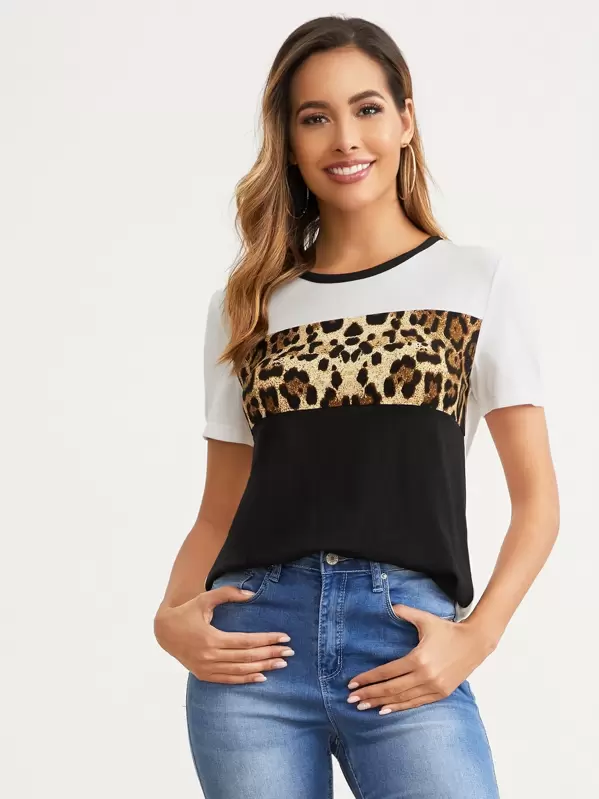 Camiseta de color combinado con estampado de leopardo de Camiseta de Mujer con Estampado de Leopardo y Cuello de
