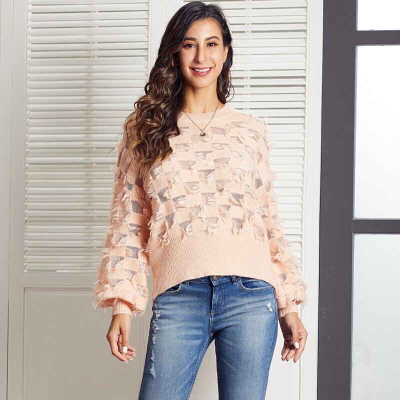 

SBetro Lantern Sleeve Frayed Sweater, Pink pastel