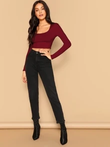 SHEIN Essnce Solid Fitted Crop Top - Burgundy - View 5