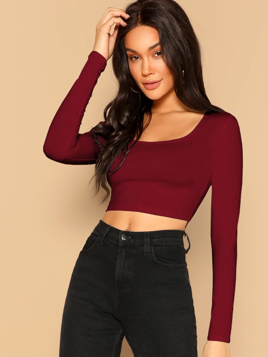 SHEIN Essnce Solid Fitted Crop Top - Burgundy - View 1