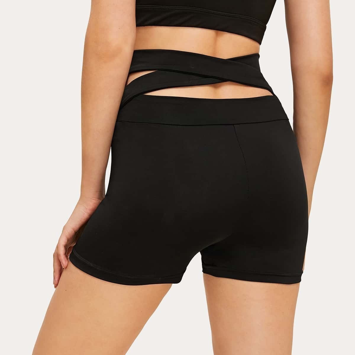 

Crisscross Back Wide Waistband Cycling Shorts, Black