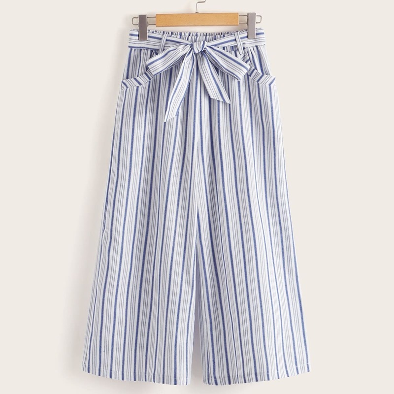 

Belted Slant Pocket Striped Wide Leg Pants, Blue