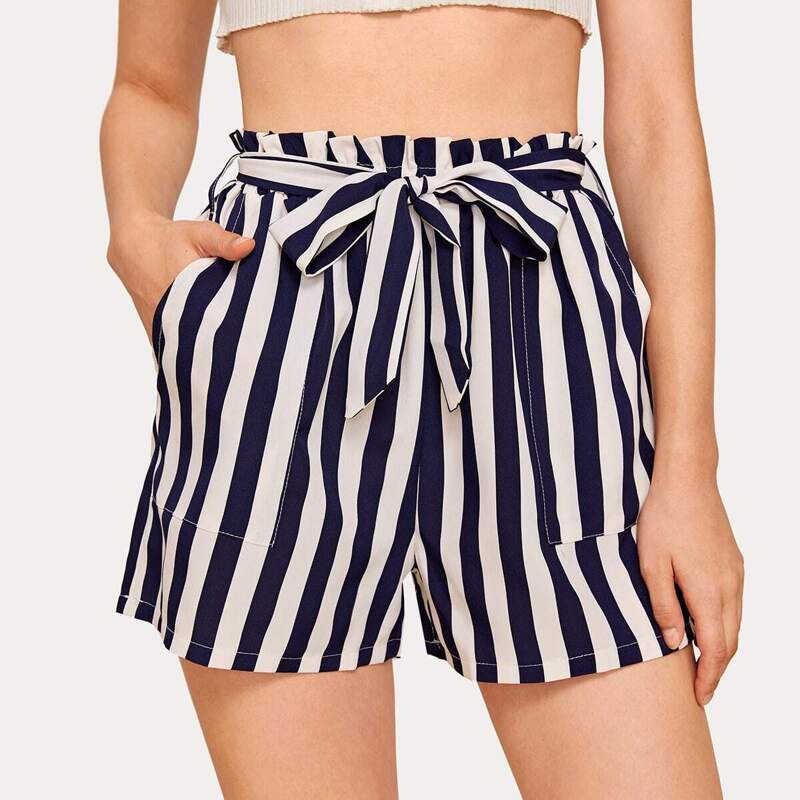 

Self Tie Paperbag Waist Striped Shorts, Navy