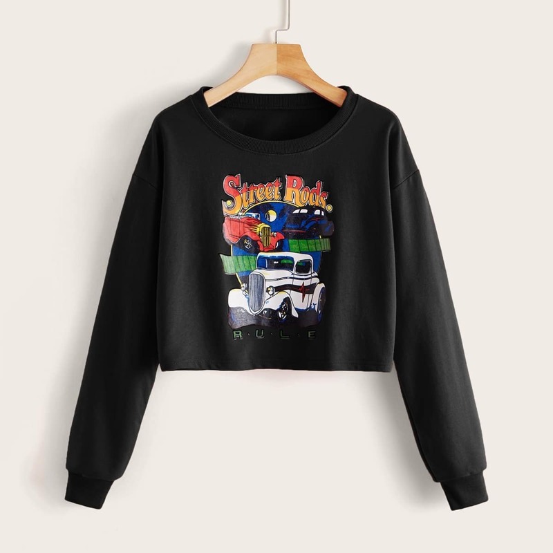 

Drop Shoulder Letter And Car Print Sweatshirt, Black