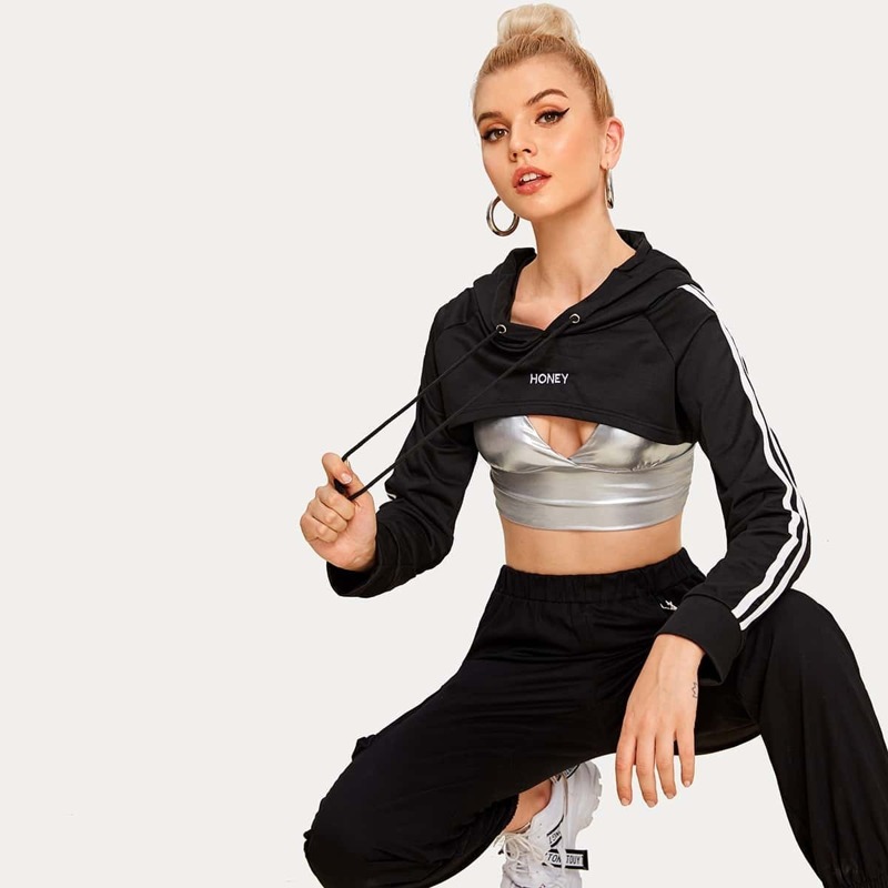 

Letter Embroidery Striped Side Crop Hooded Sweatshirt, Black
