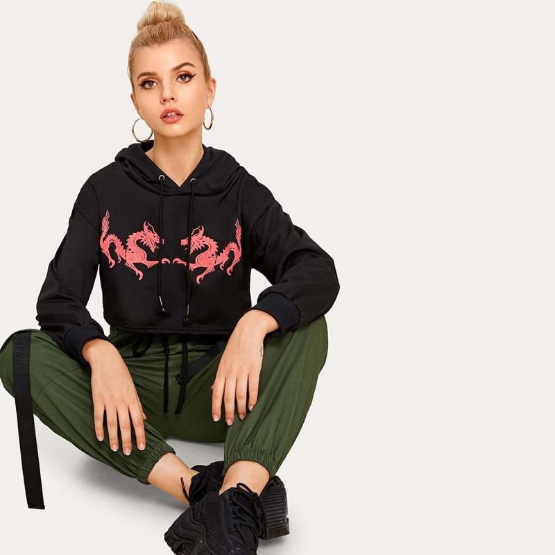 

Dragon Print Drawstring Hooded Sweatshirt, Black