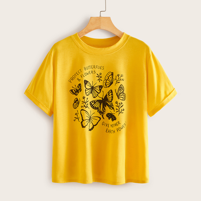 

Roll Up Sleeve Letter And Butterfly Print Tee, Yellow