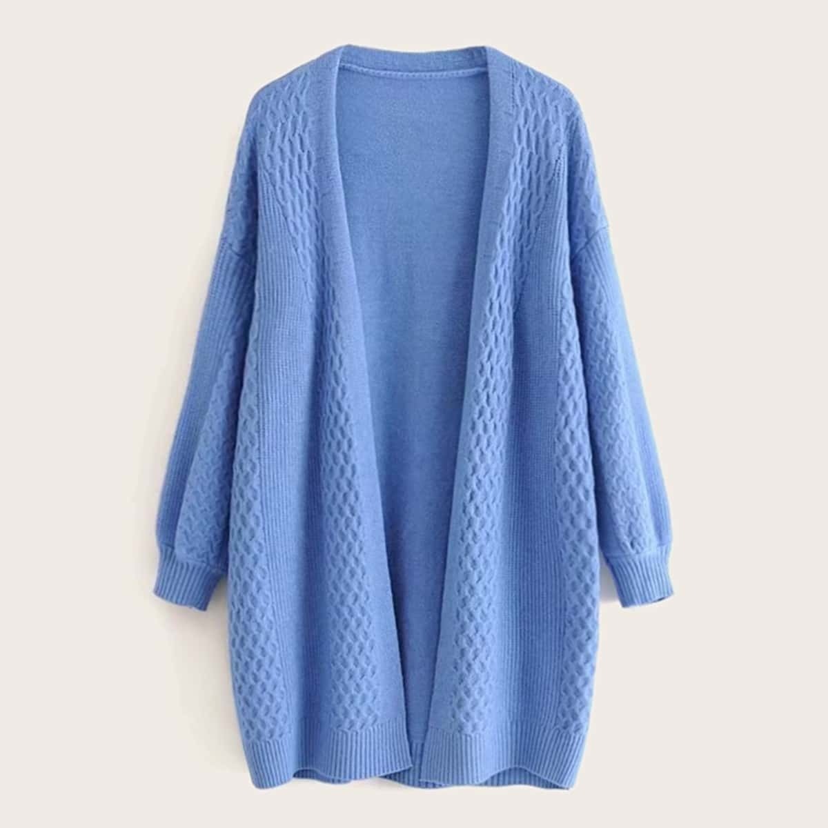 

Solid Cable Pattern Open Front Cardigan, Blue